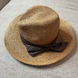 LOFT Straw Fedora Hat Womens S/M Brown Leopard Print Ribbon Bow‎ Summer Beach